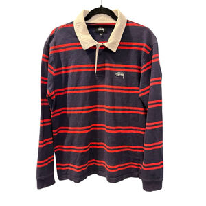 Stussy Desmond Striped Rugby Long Sleeve Shirt Size Large Men's Red Blue Rare